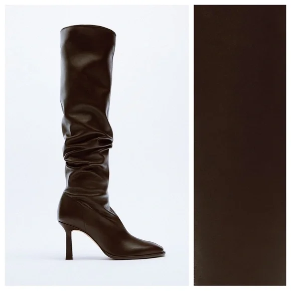 NWT. Zara Brown Long Leather High-Heel Ankle Boots. Size 6,5.